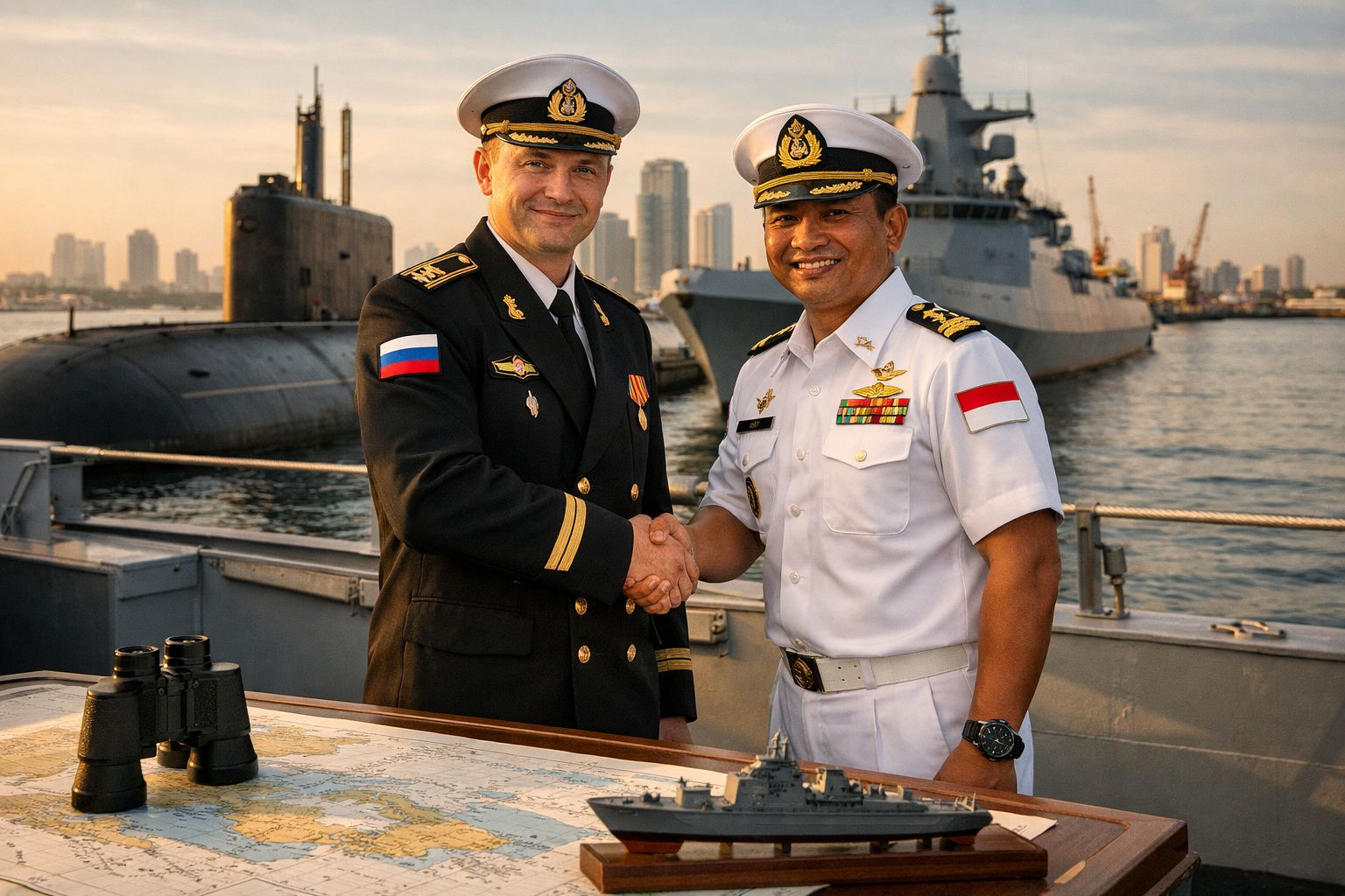 Dois oficiais navais cumprimentam-se a bordo de um navio com submarino e fragata ao fundo ao pôr do sol.