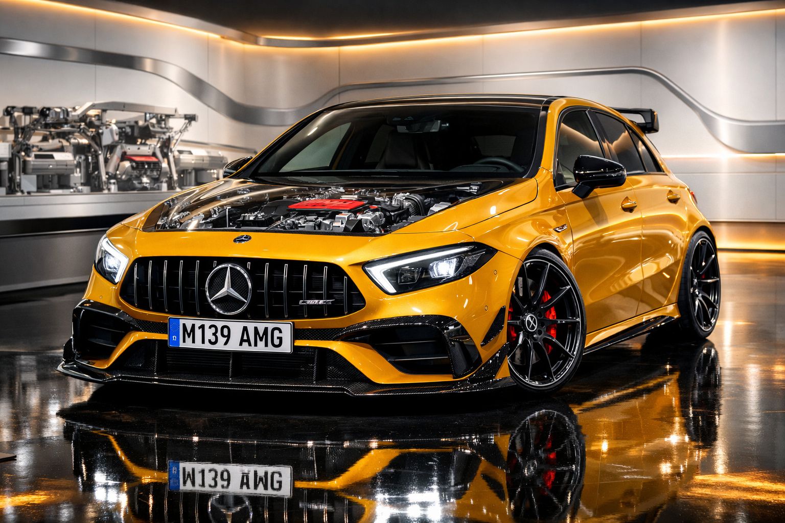 Carro desportivo Mercedes-AMG amarelo com capot transparente, mostrando o motor, em ambiente moderno e iluminado.