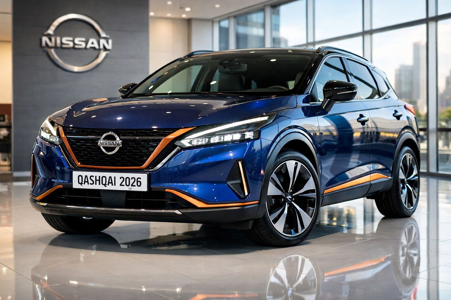 SUV Nissan Qashqai 2026 azul com detalhes em laranja, exposto em showroom moderno e iluminado.