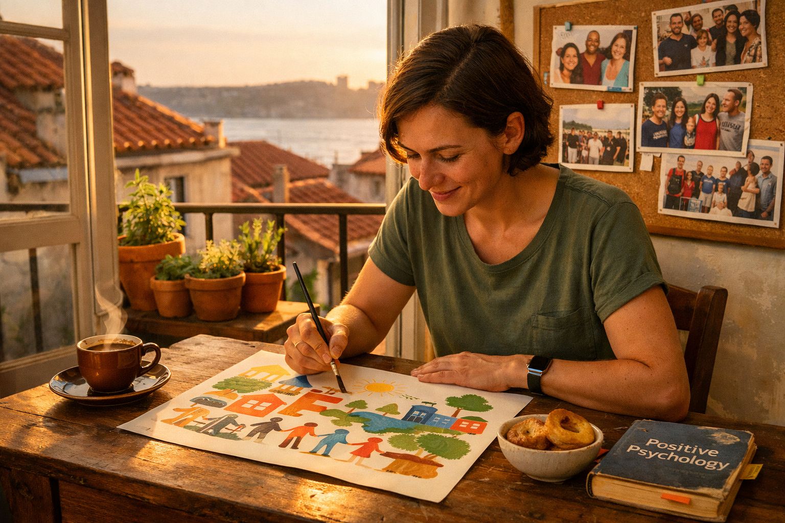 Mulher a pintar quadro colorido numa mesa junto a janela, com chá e livros, num ambiente acolhedor.