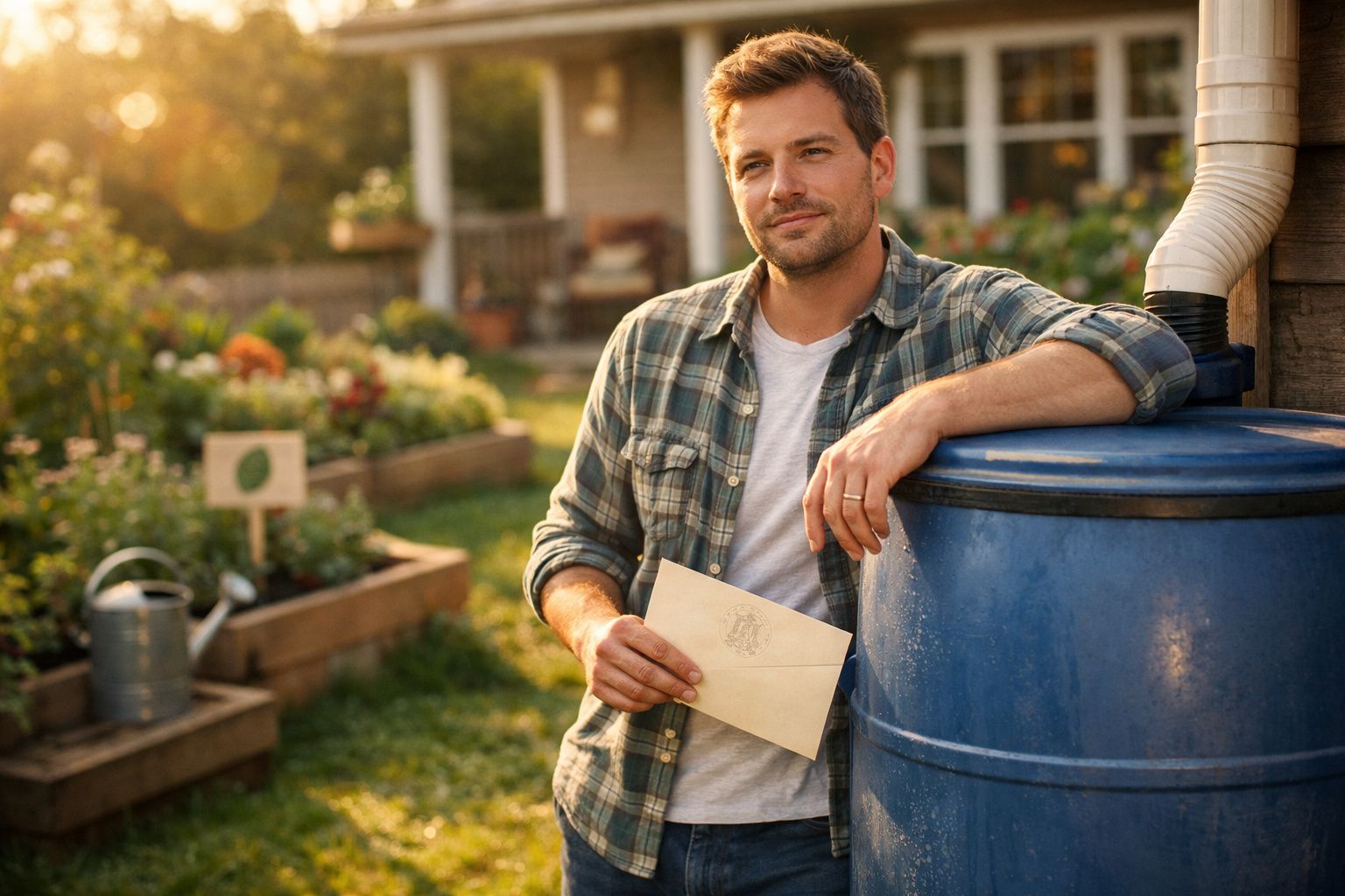 Homem com camisa xadrez segura envelope junto a barril azul num jardim ao pôr do sol.