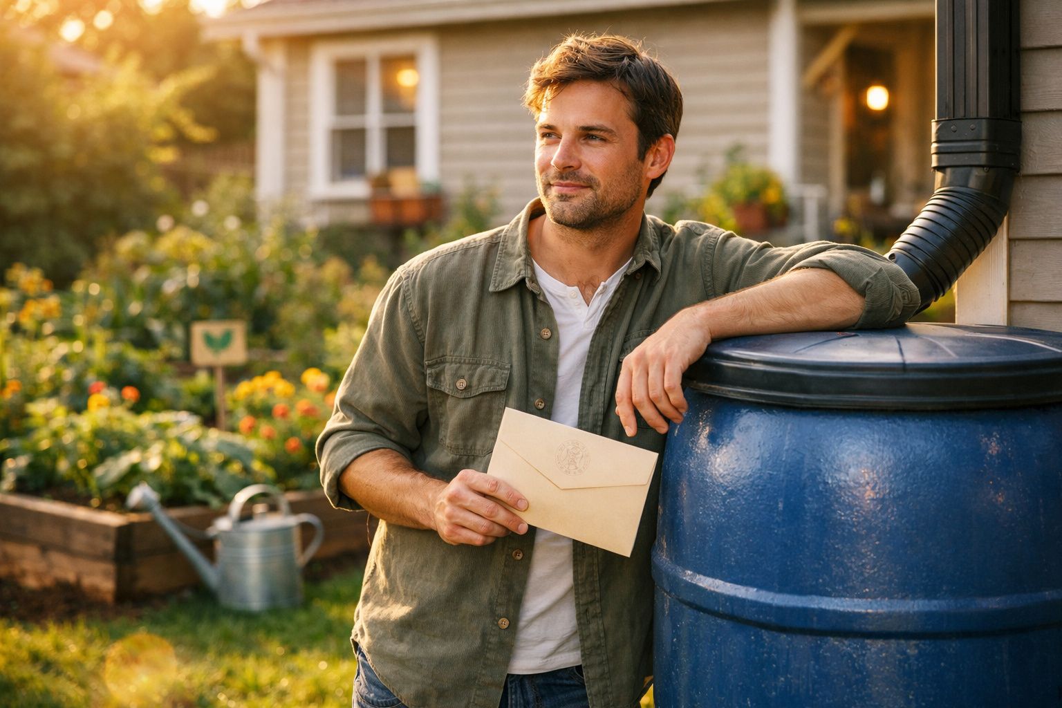 Homem em roupa casual encostado a um barril azul no jardim, segurando um envelope, com plantas ao fundo.