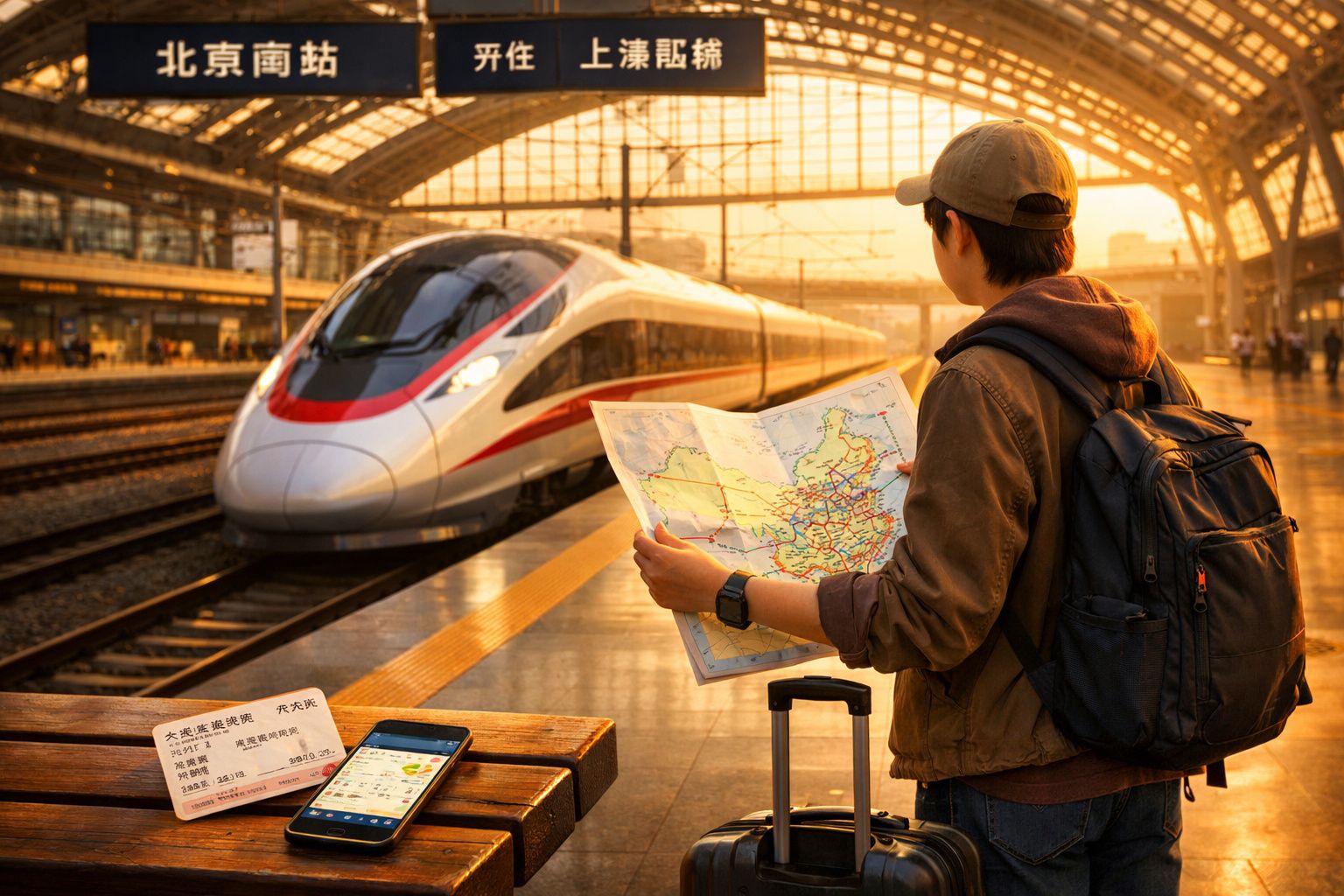 Jovem com mochila consulta mapa numa estação de comboios moderna ao pôr do sol, com comboio à chegada.