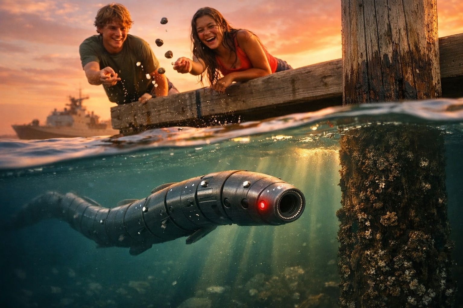 Pessoas sorriem num cais enquanto um robô submarino em forma de serpente nada na água ao pôr do sol.