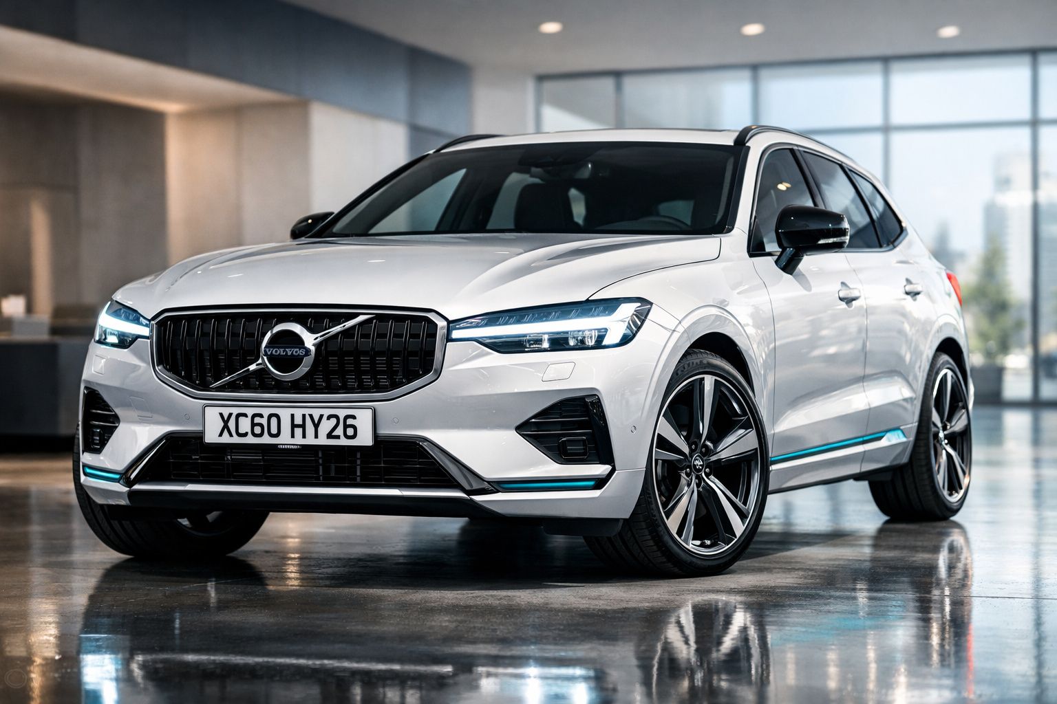 Carro Volvo XC60 branco estacionado em interior moderno com piso refletor.