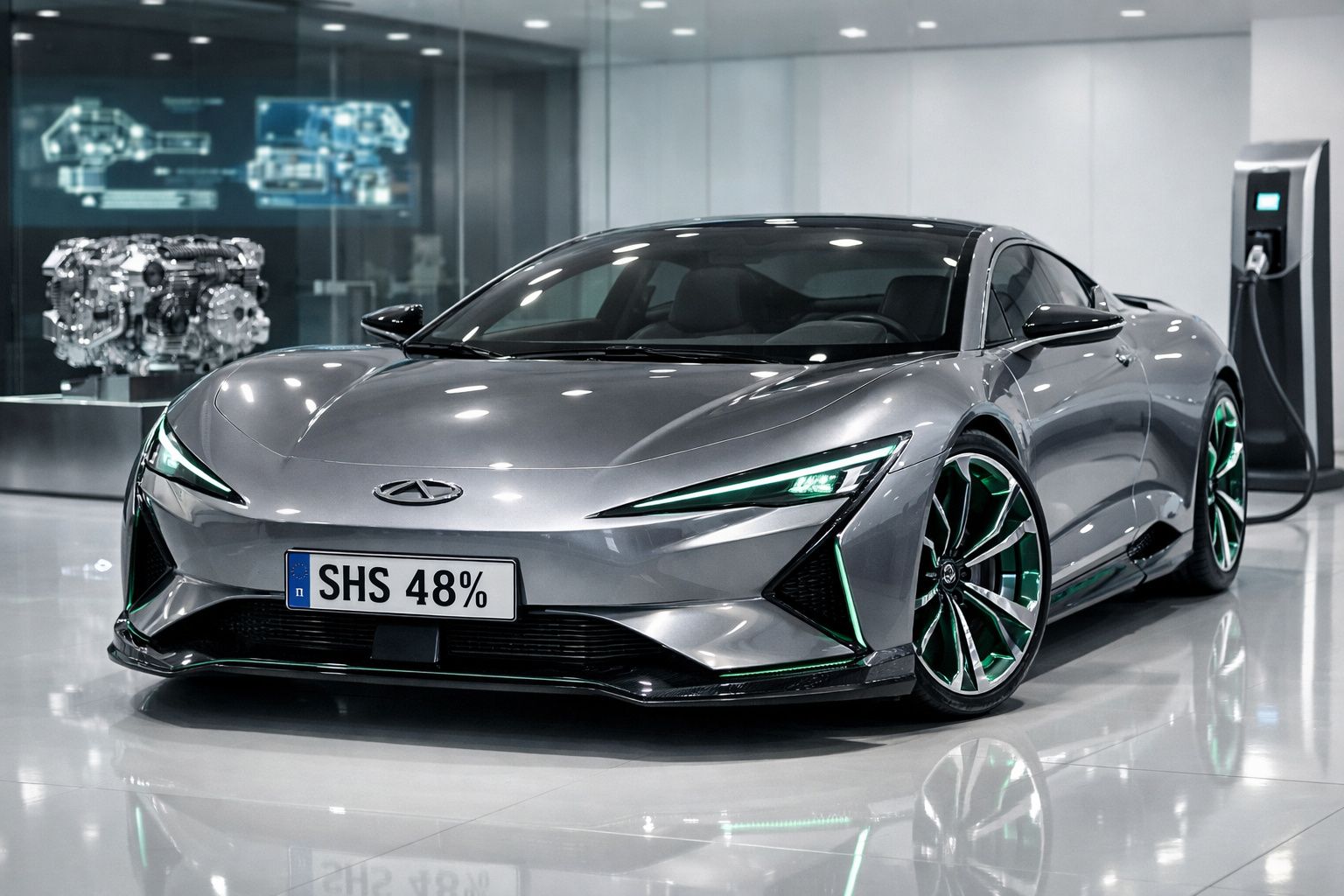 Carro desportivo elétrico prateado numa sala com estação de carregamento e modelos de motores ao fundo.