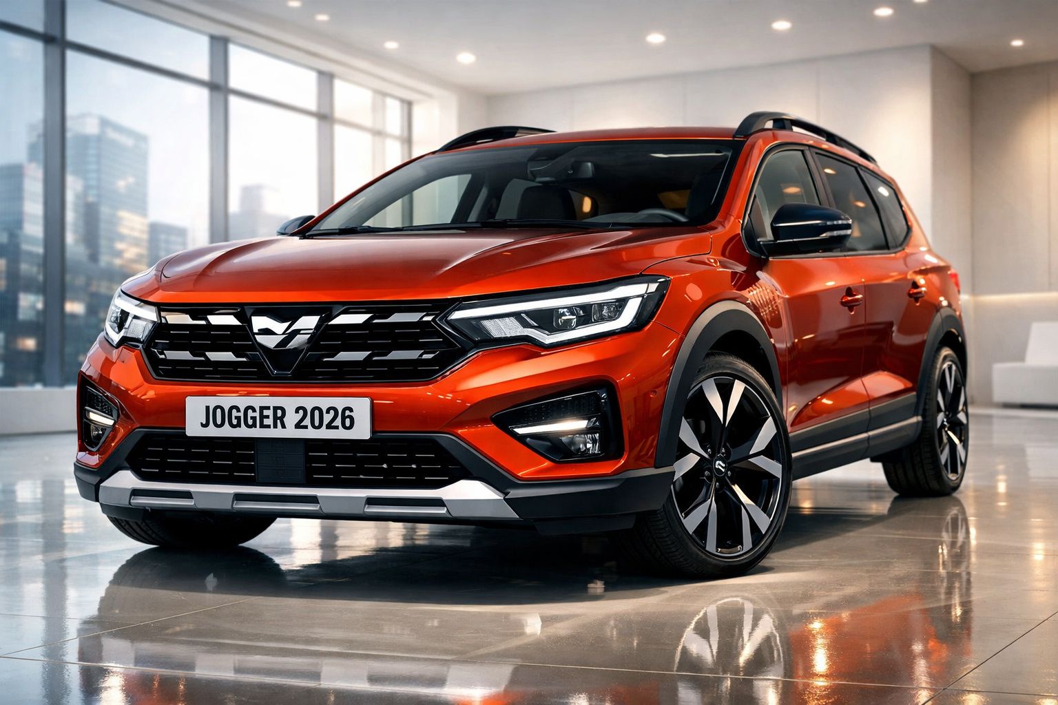 Automóvel SUV Dacia Jogger 2026 cor laranja em exposição interior com janelas grandes ao fundo.