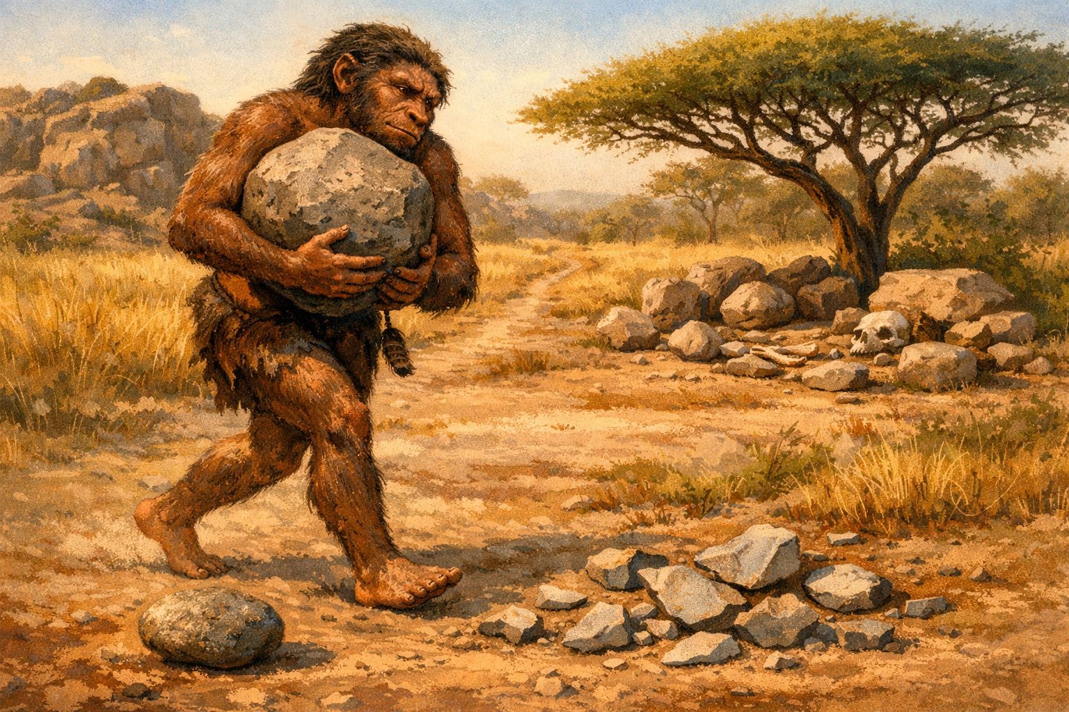 Hominídeo pré-histórico carregando uma pedra grande numa paisagem seca com árvores e ossos no chão.
