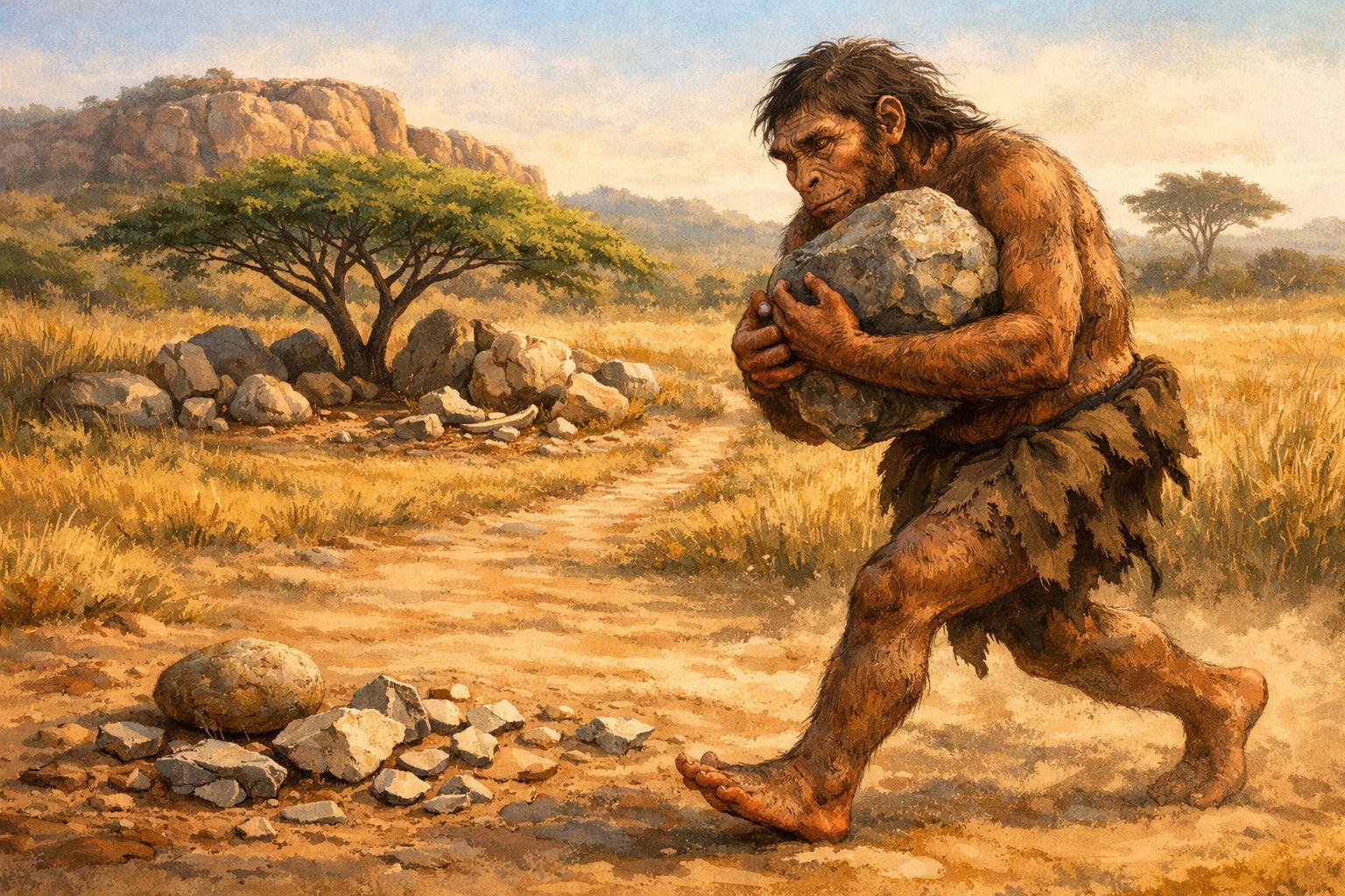 Hominídeo pré-histórico carregando uma grande pedra numa paisagem árida com árvores e montanhas ao fundo.