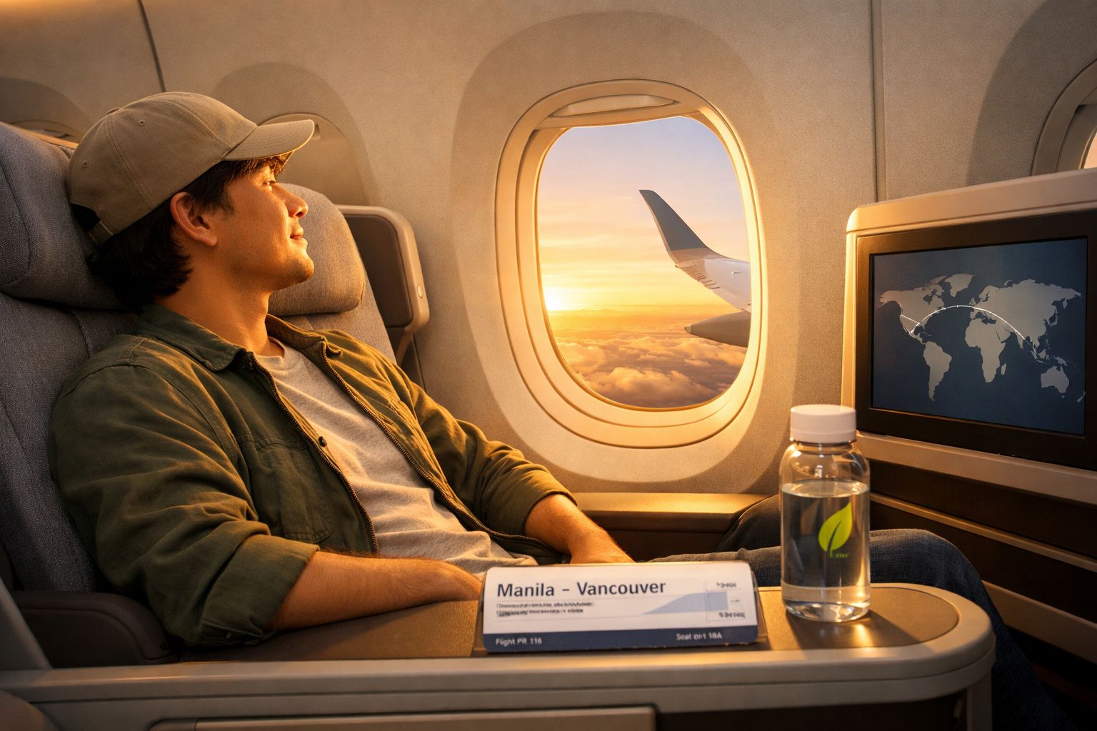 Homem sentado no avião junto à janela, com bilhete de voo Manila-Vancouver e garrafa de água na mesa.