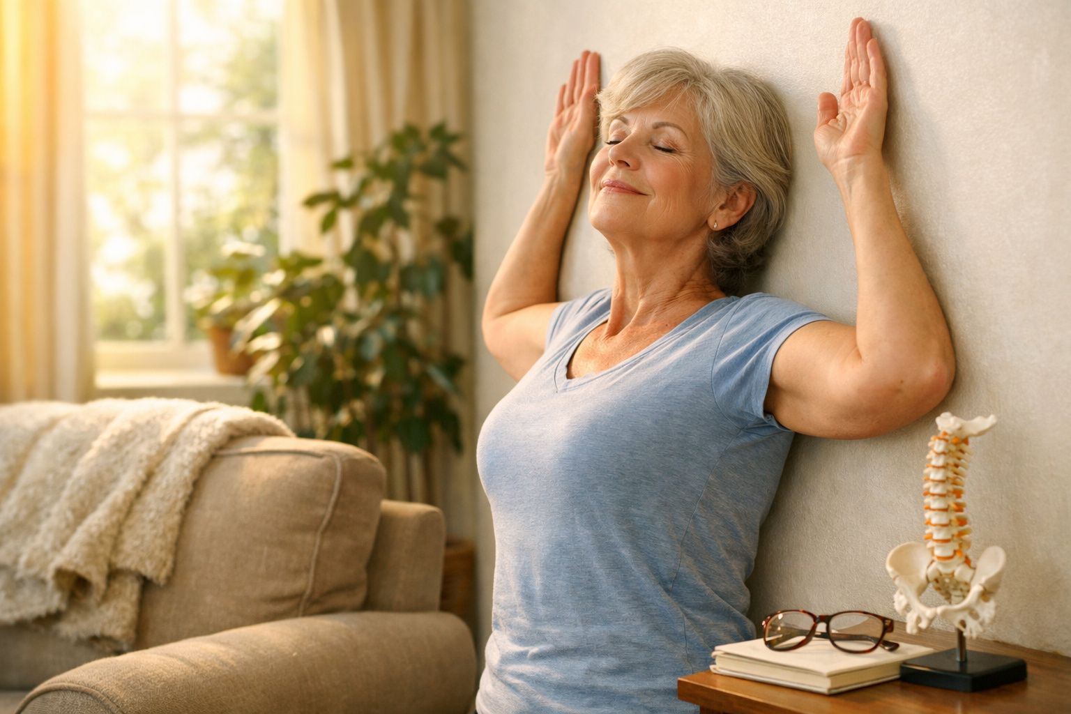 Mulher sénior a fazer alongamento junto à parede numa sala iluminada e acolhedora.