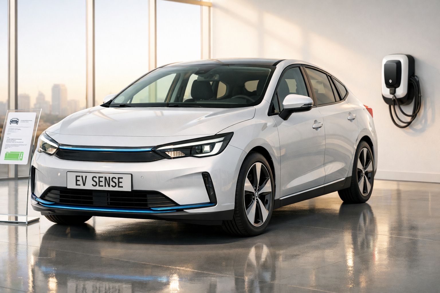 Carro elétrico branco estacionado junto a carregador numa sala iluminada com janelas grandes.