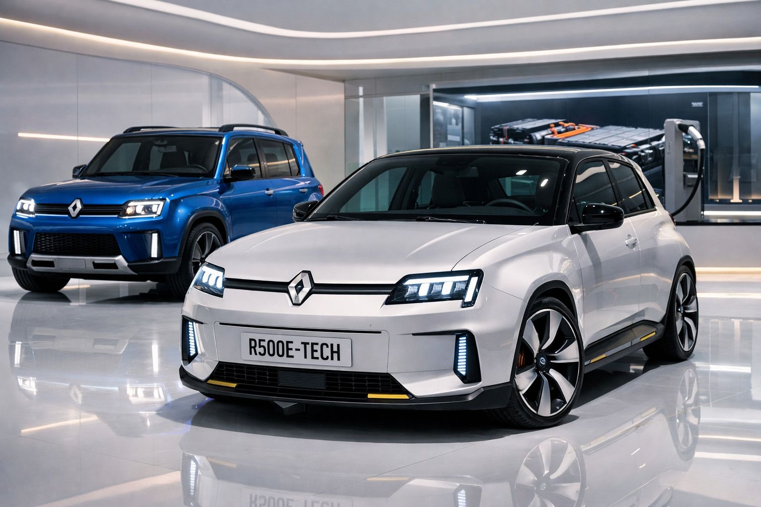 Dois carros elétricos Renault em exposição num espaço moderno, um branco e outro azul.