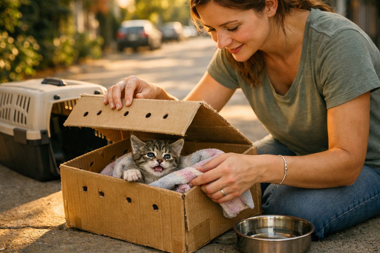Mulher sorridente protege gatinho dentro de caixa de cartão numa rua ao ar livre.