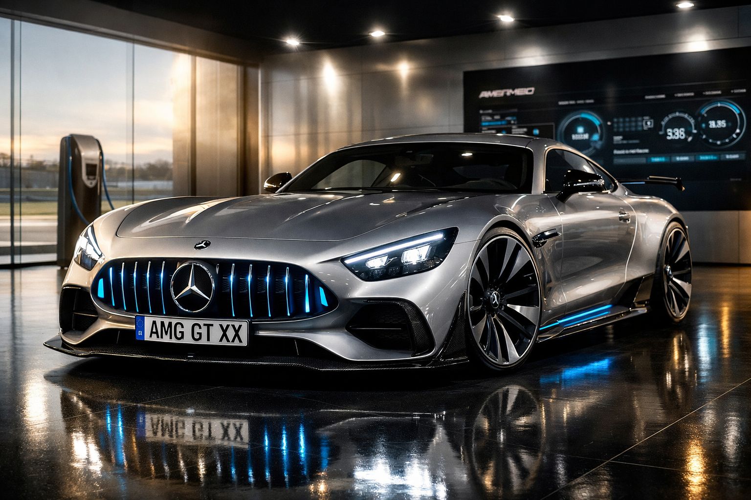Mercedes AMG GT XX prata com luzes dianteiras acesas e detalhes azuis num showroom moderno.