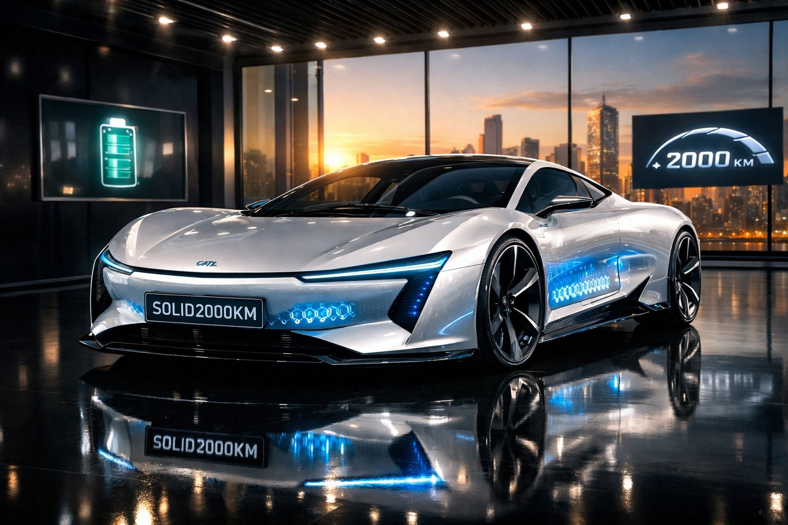 Carro elétrico desportivo prateado em showroom com indicadores de autonomia de 2000 km ao pôr do sol.