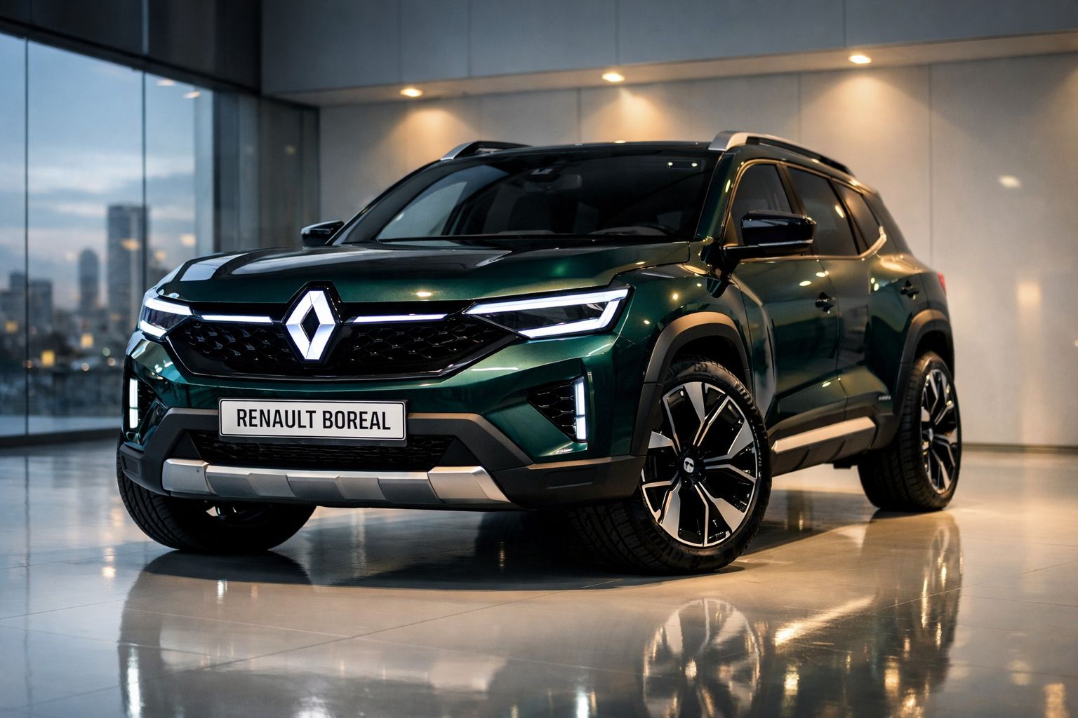 Renault Boreal verde escuro estacionado em interior moderno com luz ténue refletida no chão brilhante.