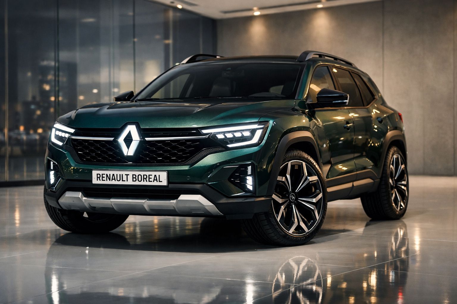 Renault Boreal verde escuro estacionado em ambiente interior moderno com luzes ligadas.