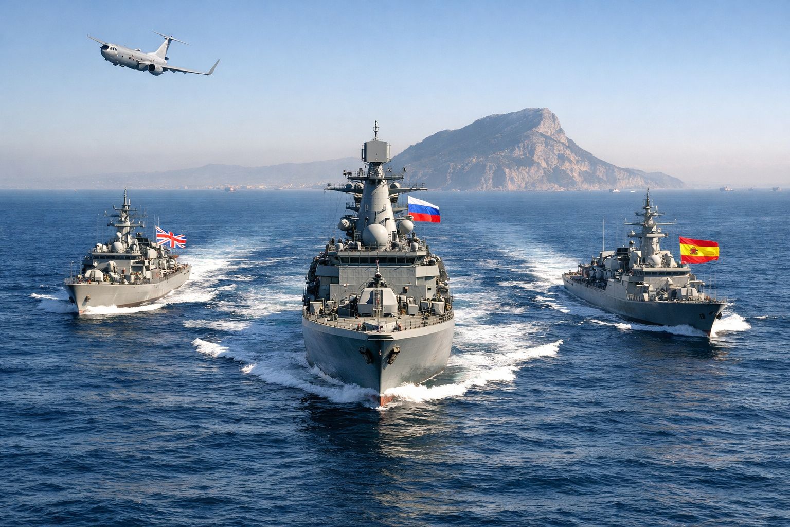 Três navios de guerra com bandeiras da Rússia, Reino Unido e Espanha em alto mar com avião a sobrevoar.