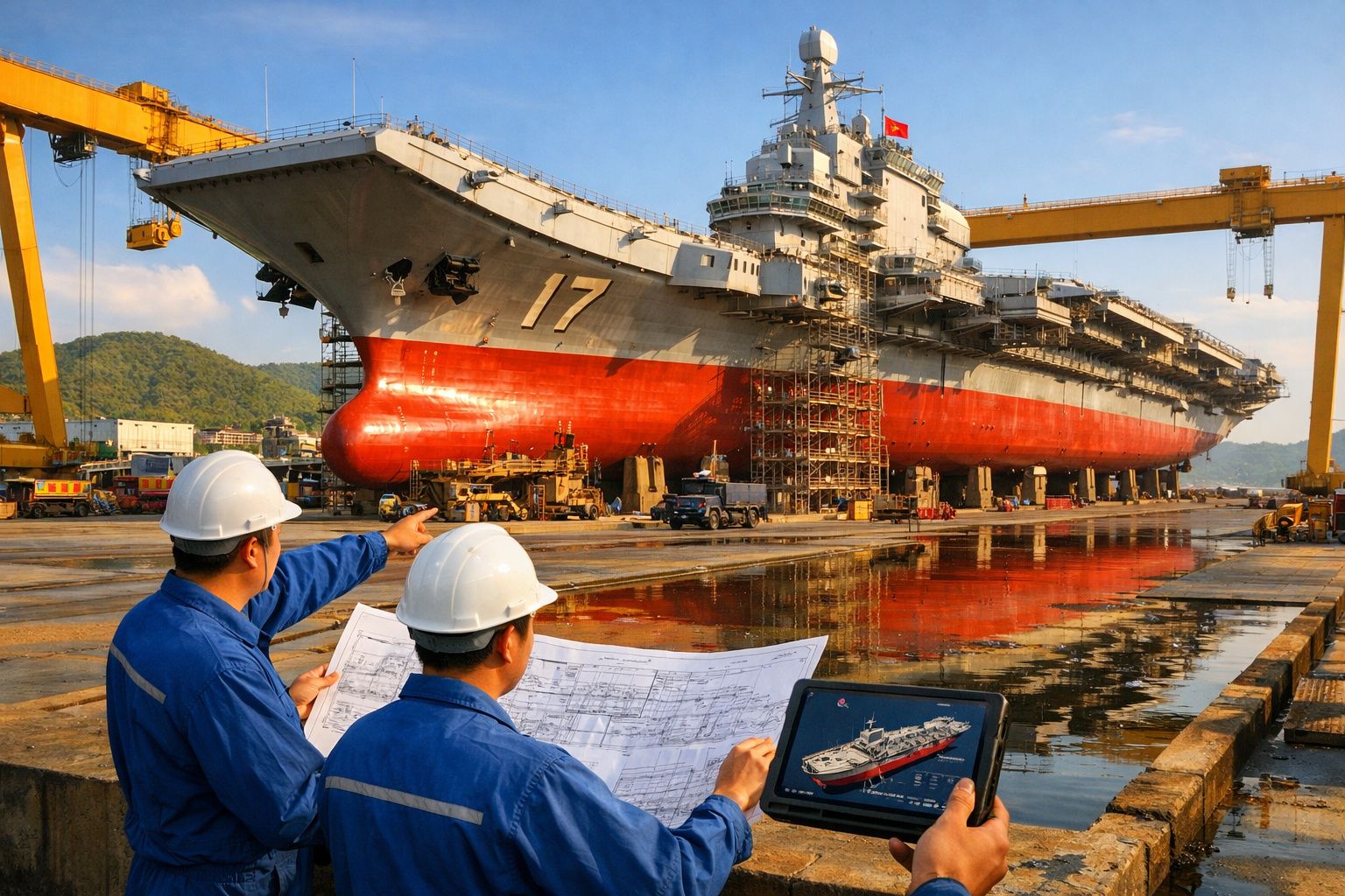Dois engenheiros com capacetes analisam planos e tablet junto a um porta-aviões em estaleiro naval.