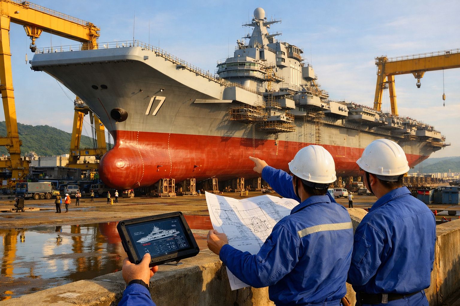 Dois engenheiros debruçados sobre plantas e tablet, observando um porta-aviões cinzento e vermelho em estaleiro naval.