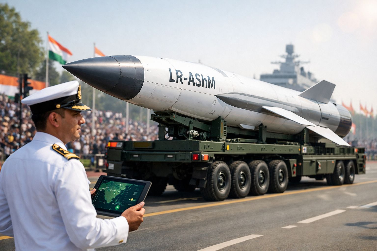 Homem de uniforme naval com tablet observa míssil transportado em veículo militar durante desfile público.