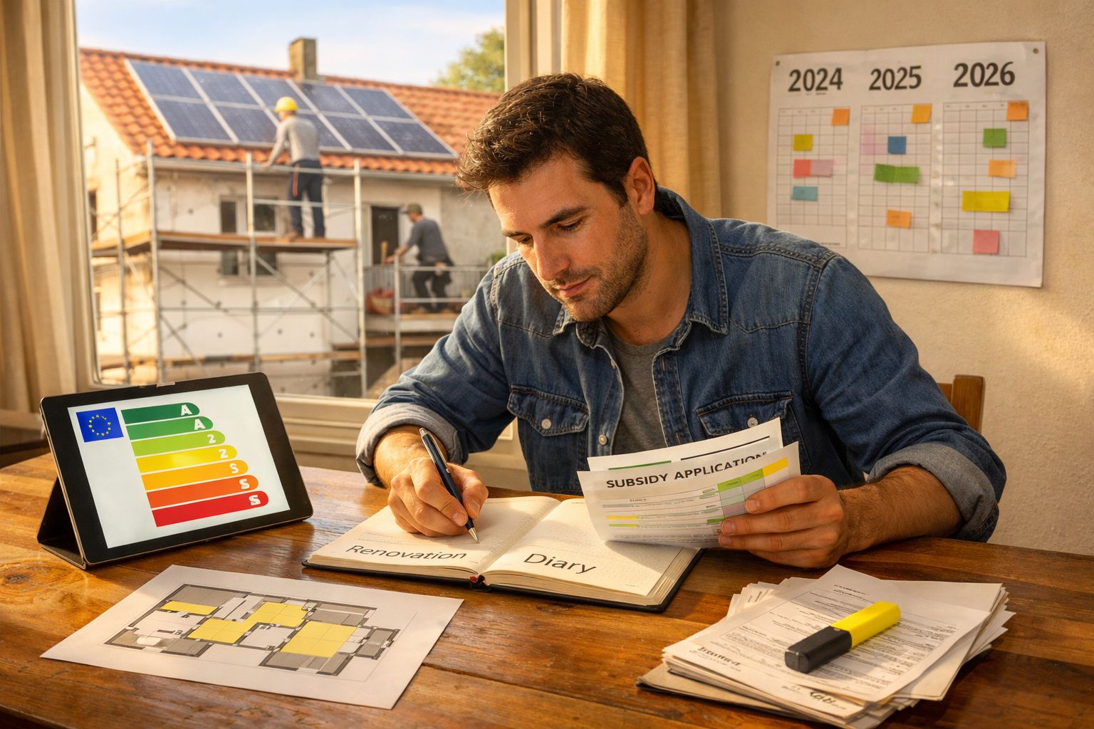 Homem a planear renovação sustentável em casa com painéis solares, calendário e documentos na mesa.