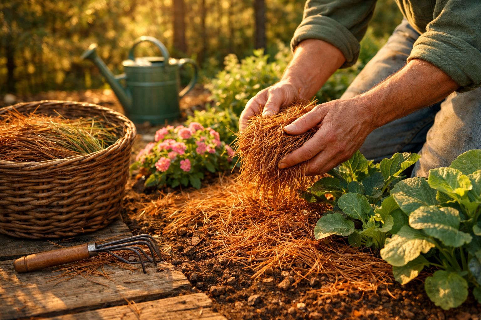 Mãos a colocar palha como cobertura no solo de um jardim com ferramentas, plantas e regadeira ao fundo.