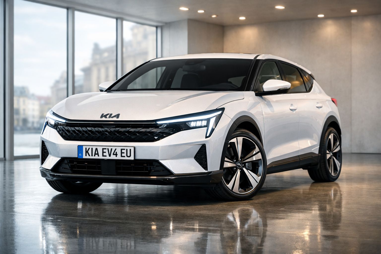 Carro elétrico Kia EV4 branco estacionado em interior moderno com chão refletor.