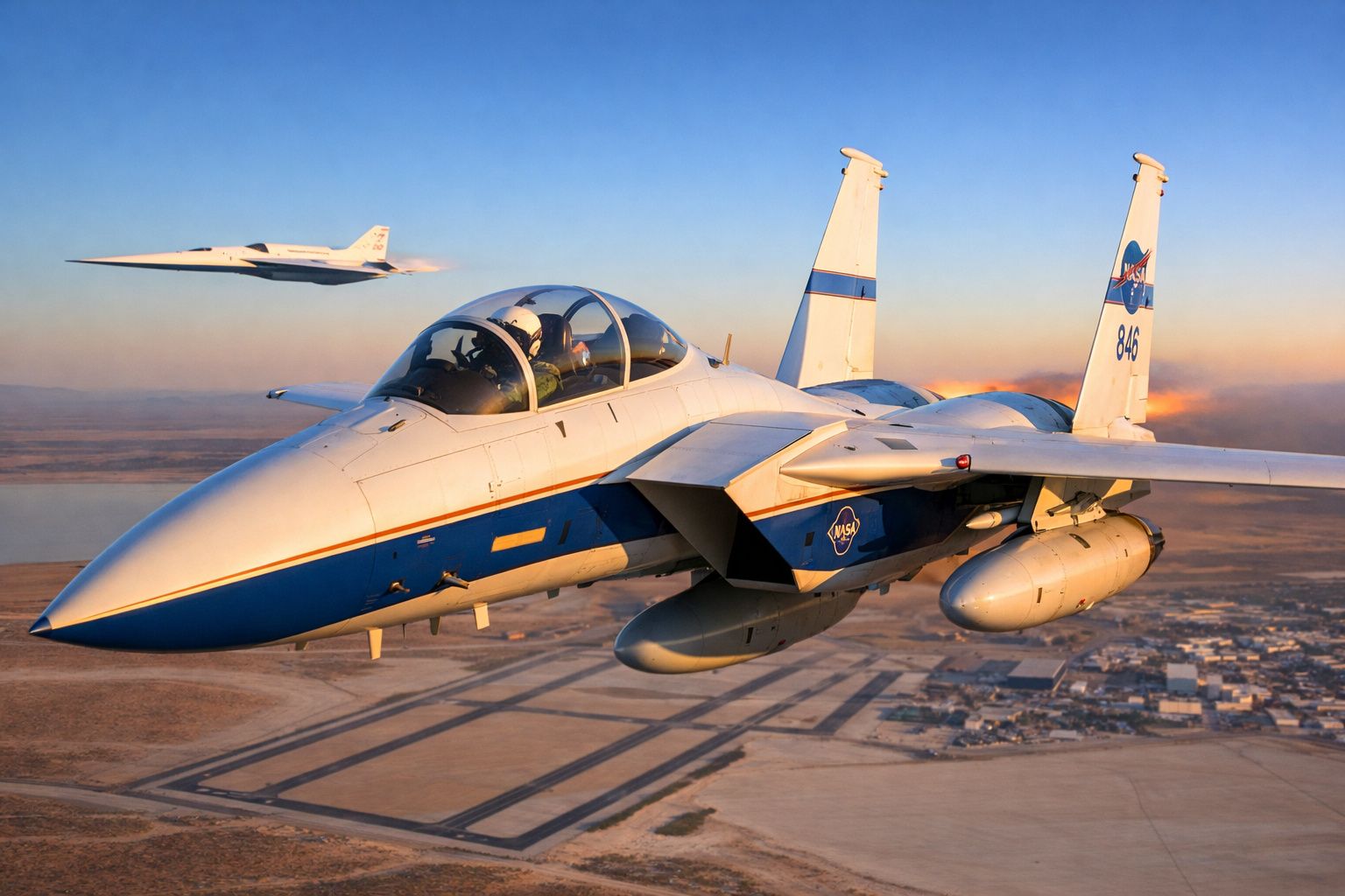 Dois aviões da NASA em voo sob paisagem desértica ao pôr do sol, um em primeiro plano e outro ao fundo.