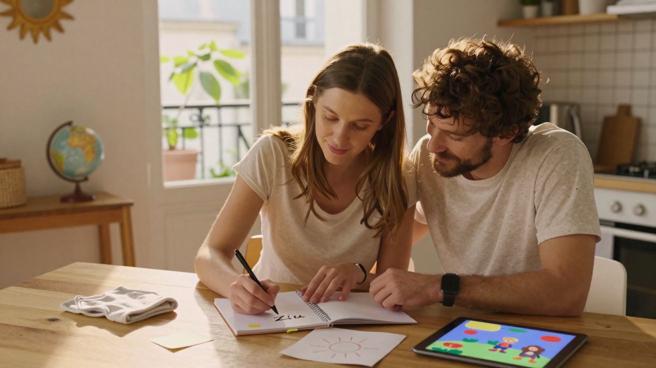 Casal jovem a desenhar e a escrever numa mesa com tablet e desenhos num ambiente iluminado e acolhedor.