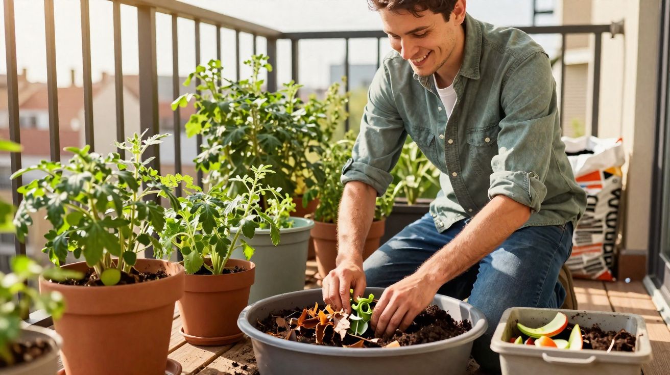 Homem a cuidar de plantas num vaso grande numa varanda ensolarada rodeado de outros vasos com plantas.