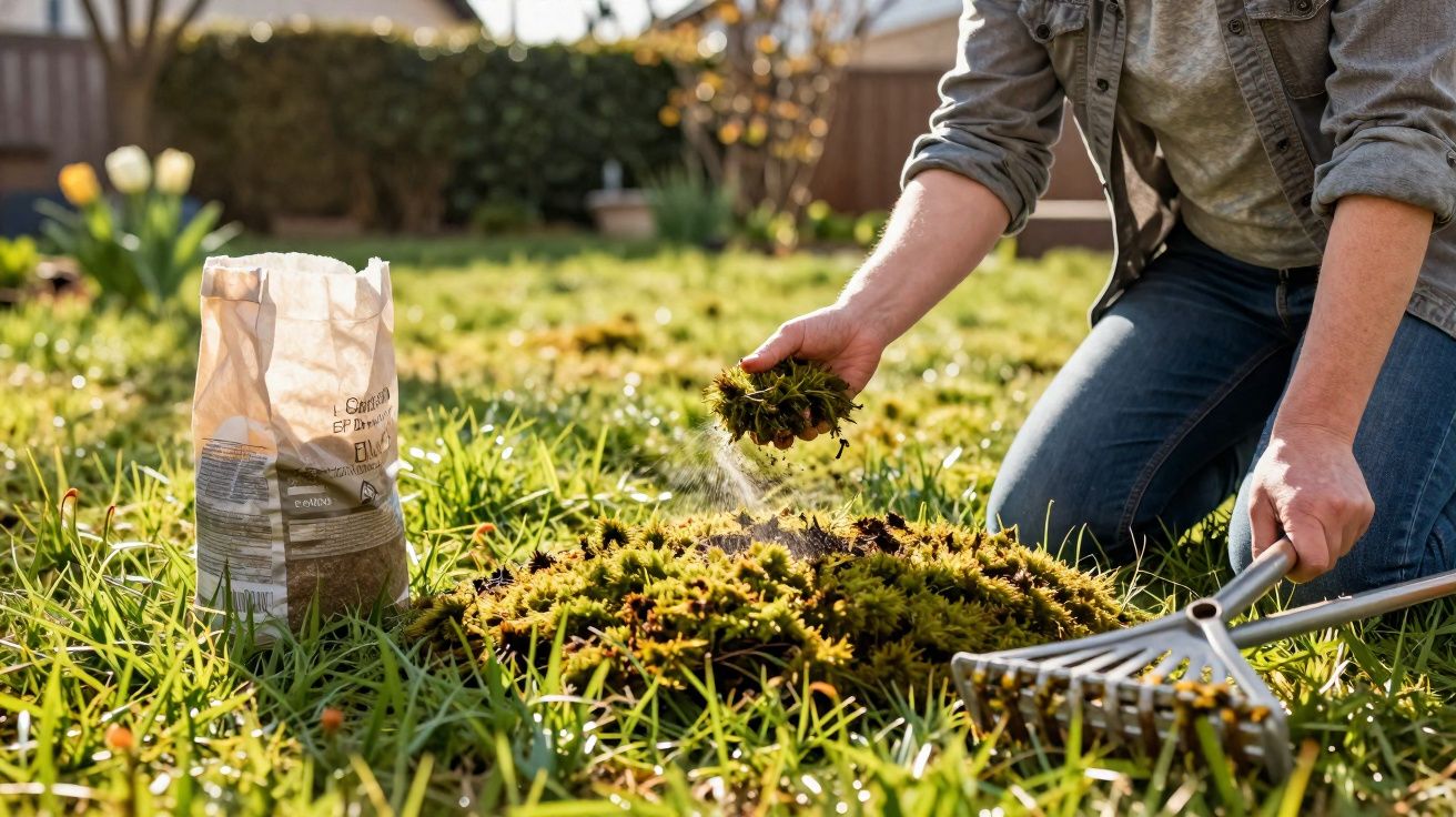 Pessoa a remover musgo do relvado com um ancinho num jardim ensolarado.