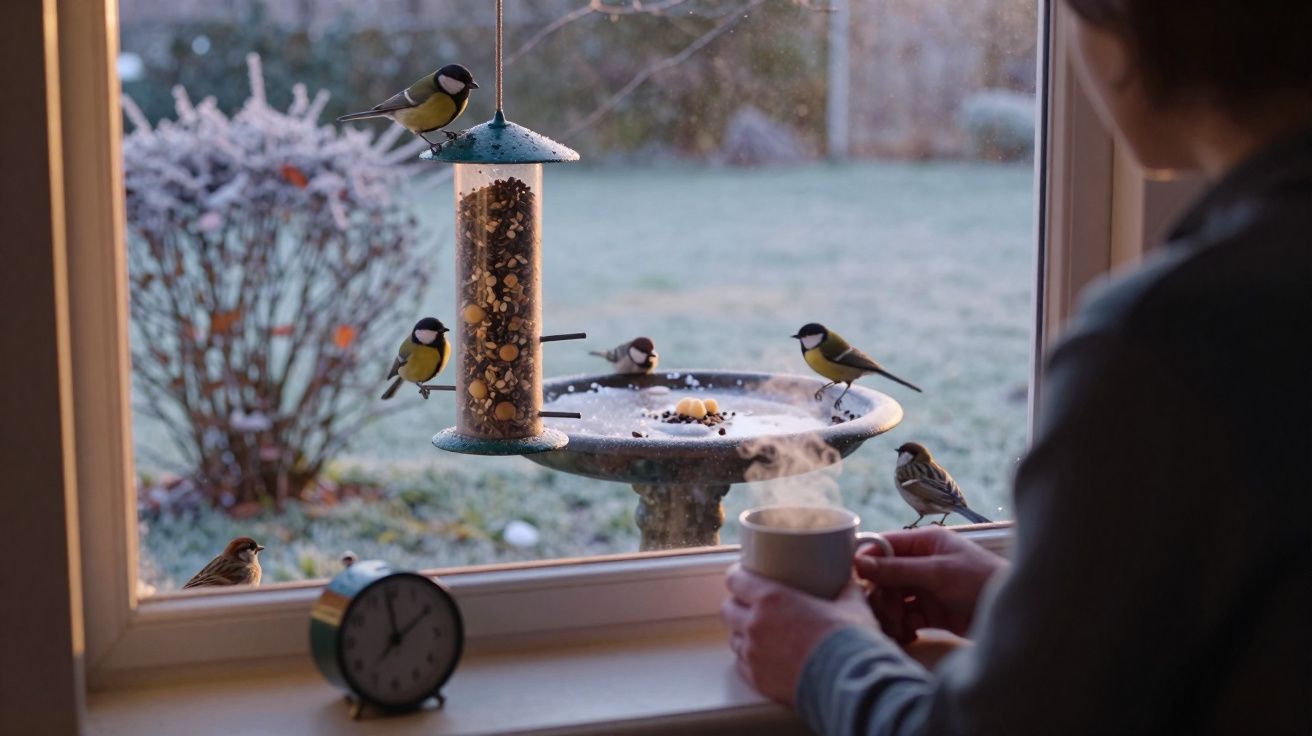 Pessoa a observar pássaros a comer num comedouro de janela numa manhã fria de inverno.