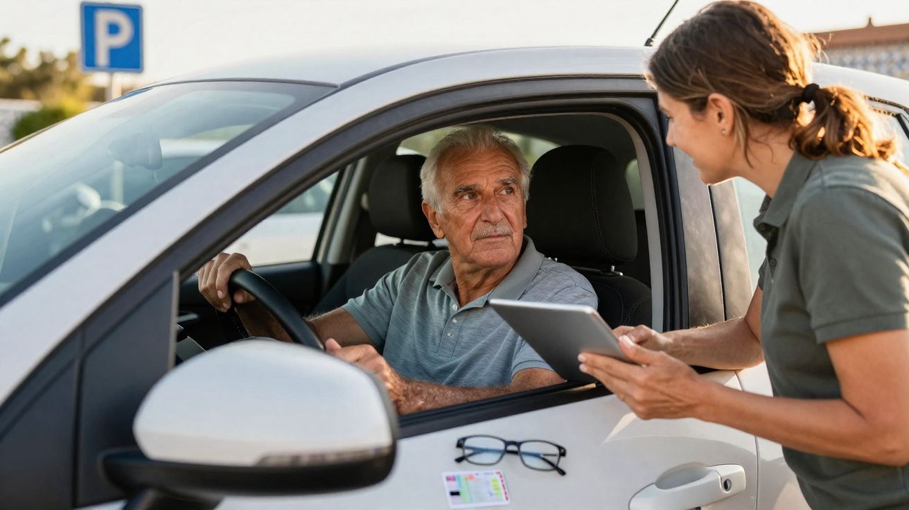 Homem idoso ao volante conversa com mulher de pé ao lado do carro, que segura um tablet, num parque de estacionamento.
