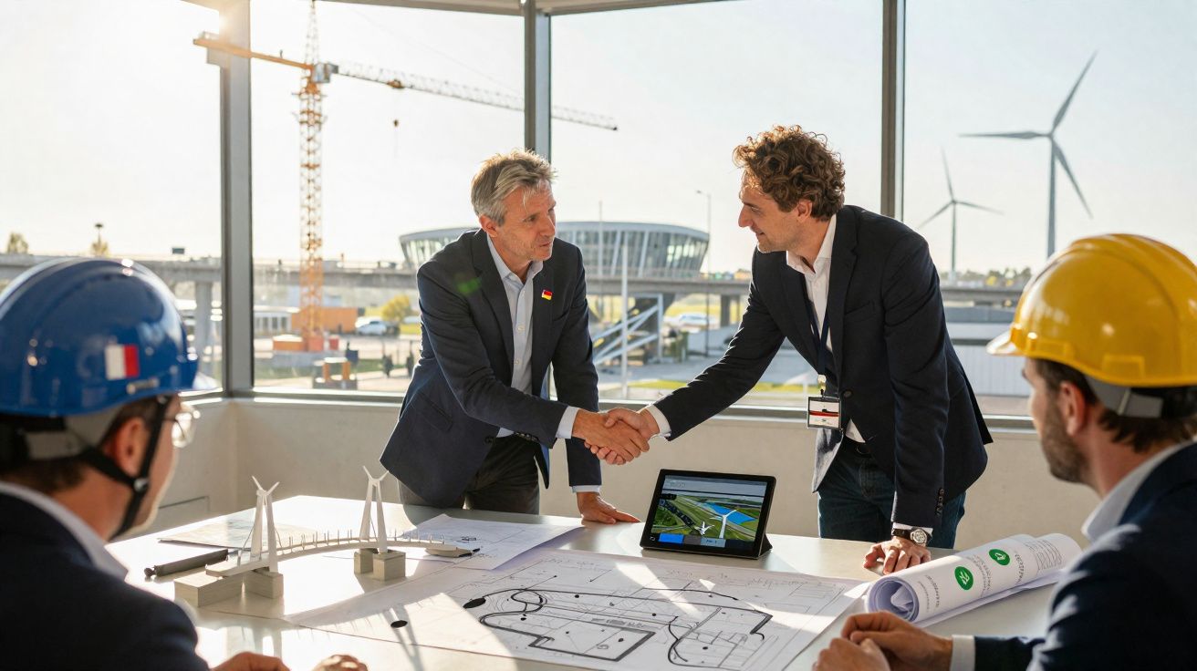 Dois homens de fato apertam as mãos numa reunião com planos de engenharia e miniaturas de turbinas eólicas.