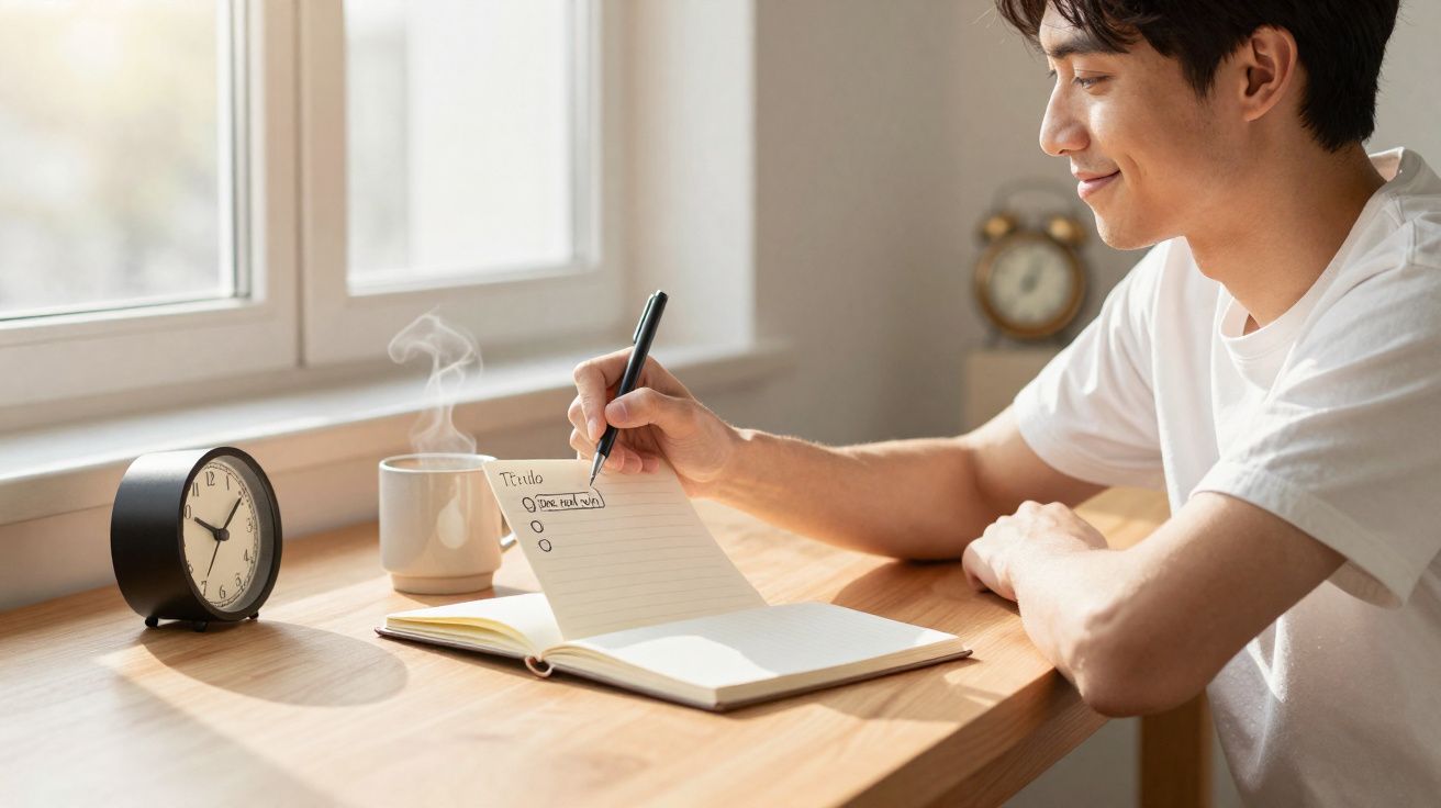 Homem jovem sentado à mesa a escrever numa agenda com caneca e relógios ao fundo.
