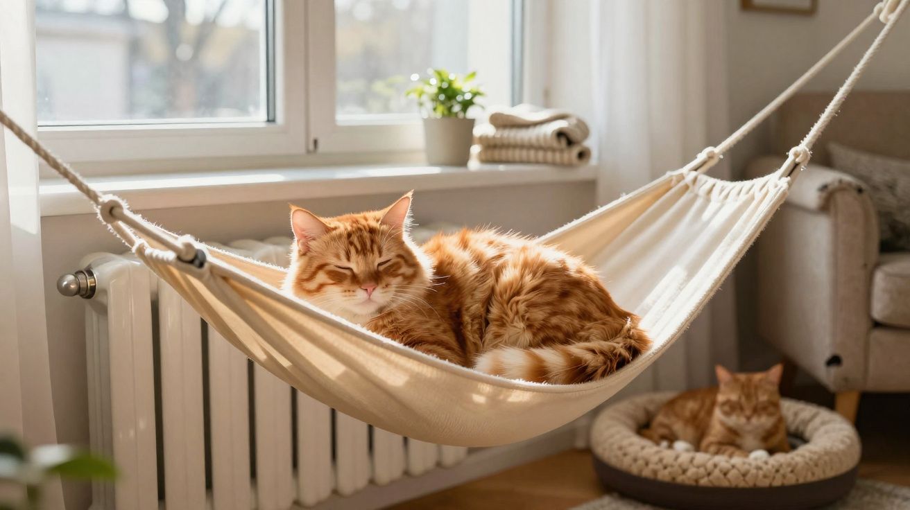 Gato ruivo a dormir numa rede branca numa sala iluminada, com outro gato na cama ao fundo.