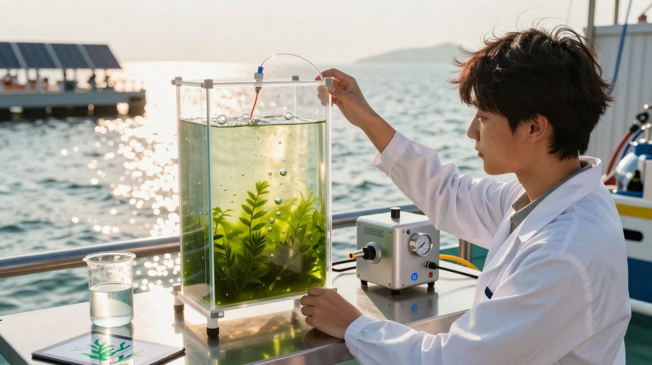 Cientista em bata branca a conduzir experiência com plantas aquáticas num tanque transparente junto ao mar.