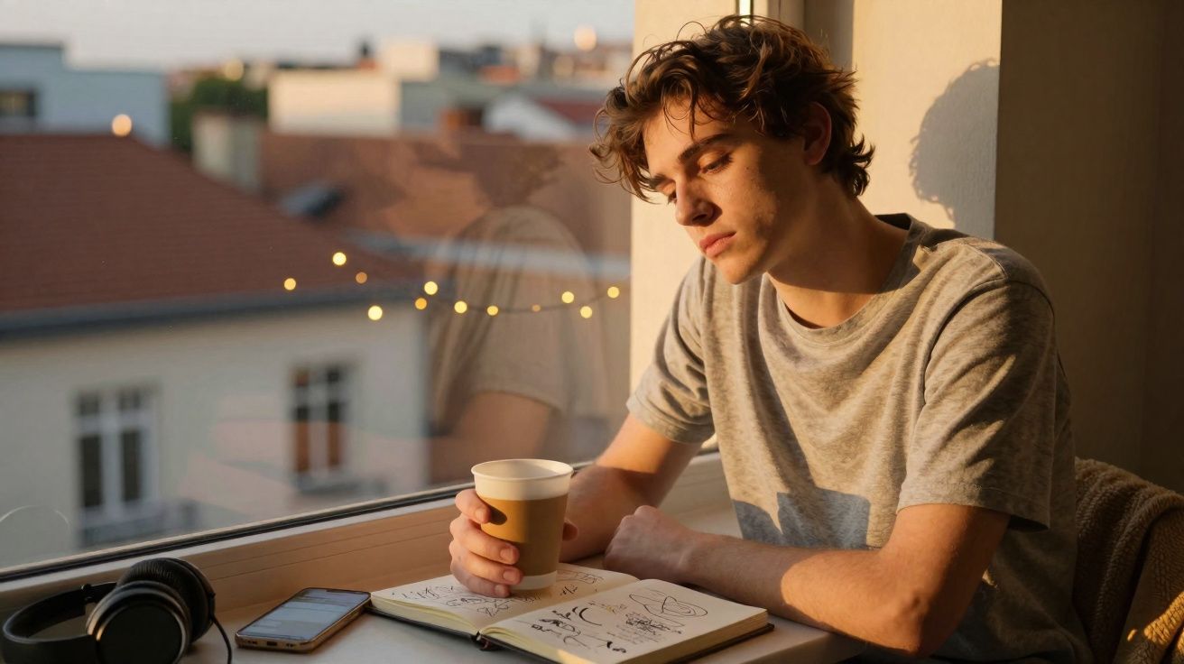 Jovem sentado junto à janela com uma chávena na mão, olhando pensativo para um caderno aberto.