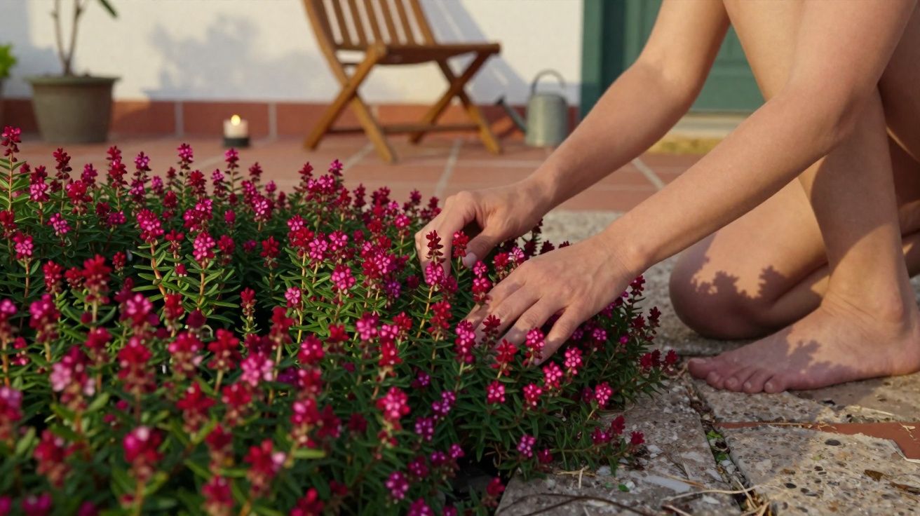 Mãos femininas a cuidar de flores cor-de-rosa num jardim com cadeira de madeira ao fundo.