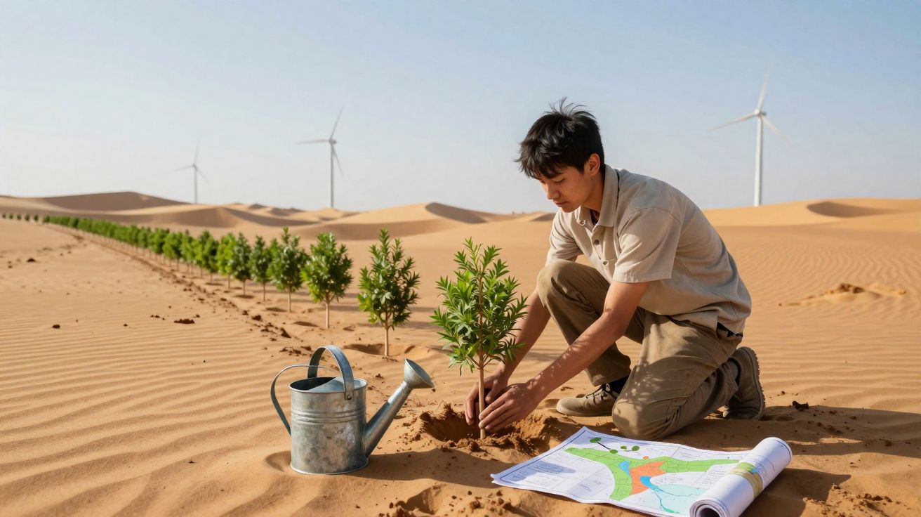 Homem planta árvore no deserto ao lado de regador e mapa, com turbinas eólicas ao fundo.