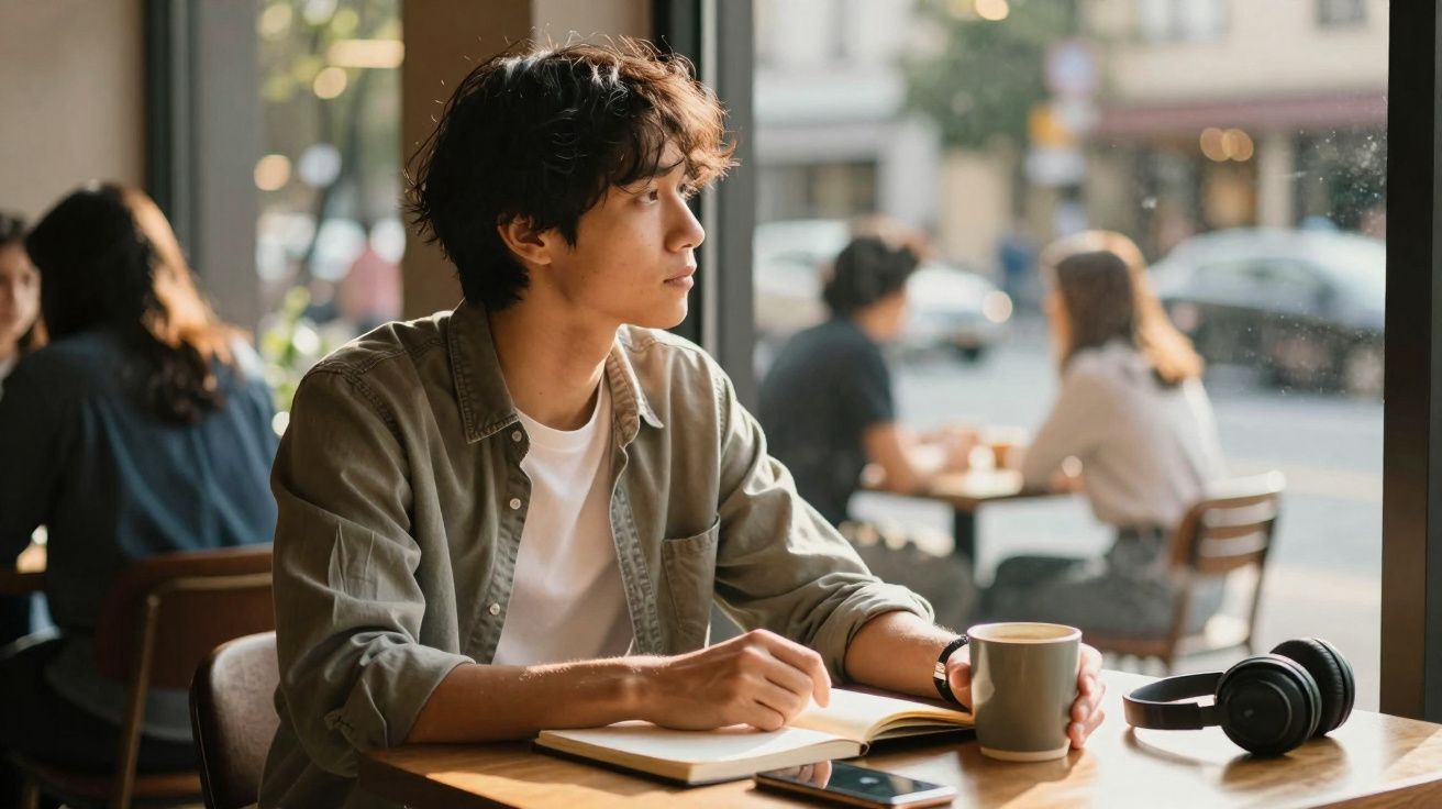 Jovem sentado numa cafetaria a escrever num caderno, segurando uma chávena, com auscultadores e telemóvel na mesa.