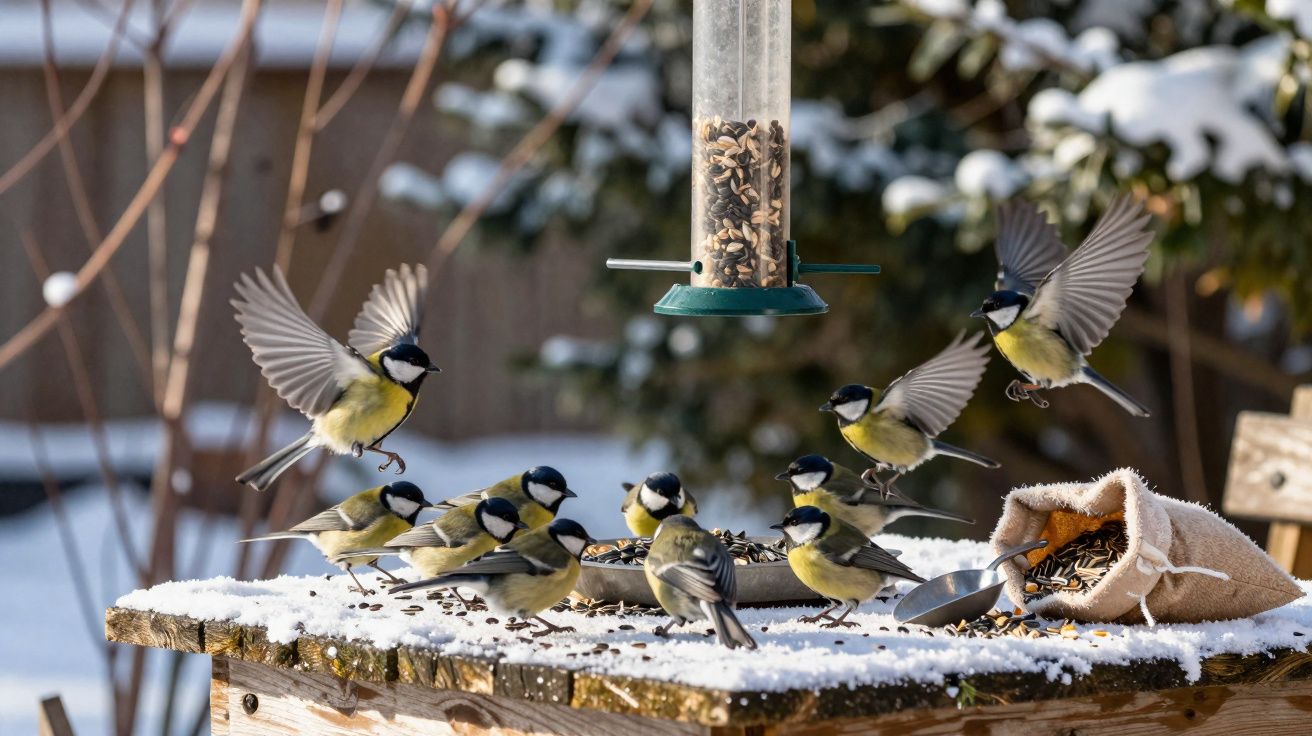 Várias chapins-de-cabeça-preta alimentam-se de sementes numa mesa com neve, sob um alimentador suspenso.