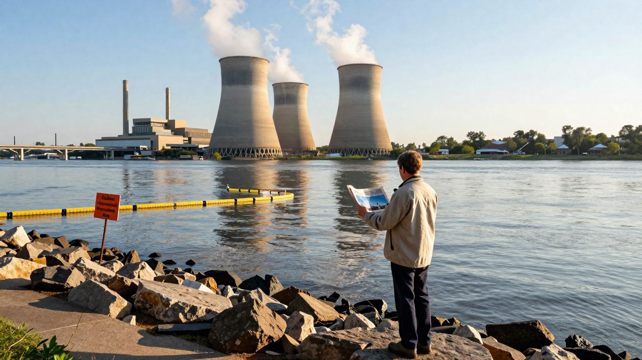 Homem lê jornal junto a rio com central elétrica e torres de arrefecimento ao fundo em dia soalheiro.