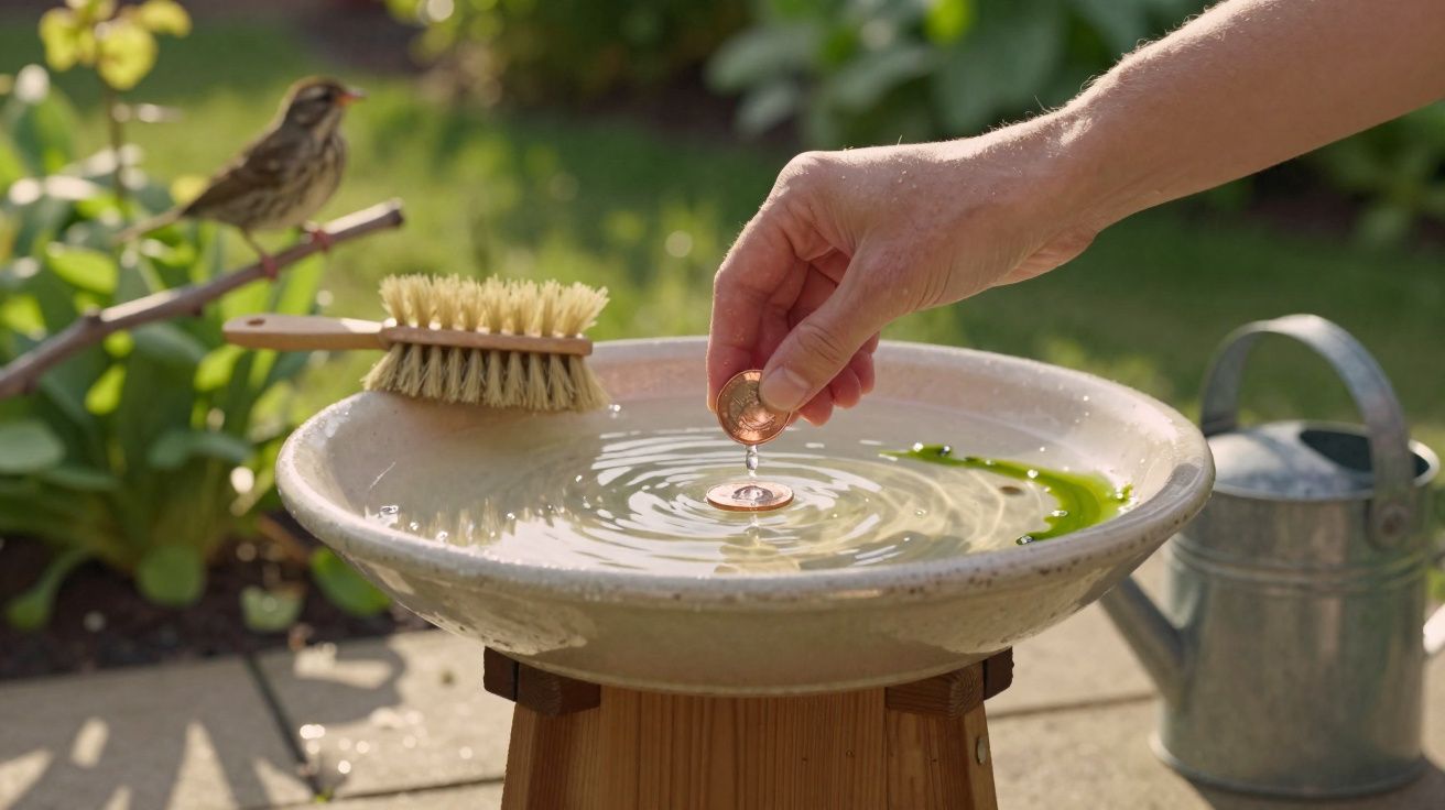 Mão a deixar uma moeda cair numa taça de água num jardim, com pássaro, escova e regador ao fundo.
