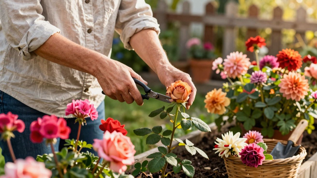 Pessoa a cortar uma rosa laranja num jardim com várias flores coloridas ao redor.