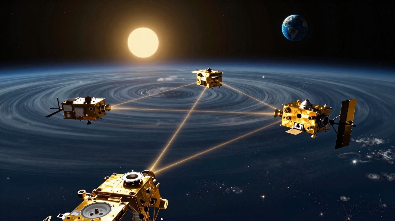 Quatro satélites dourados no espaço com a Terra, o Sol e um planeta com anéis ao fundo.