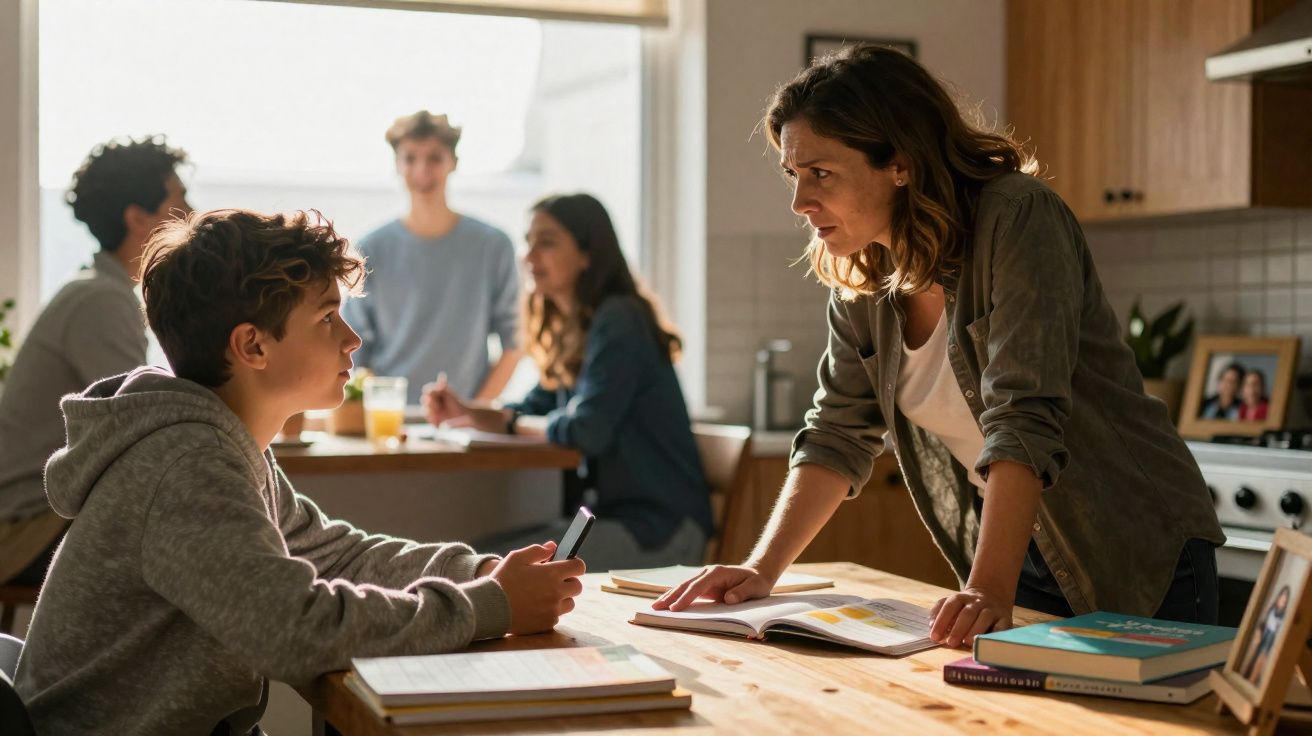 Mulher conversa seriamente com adolescente, outros jovens estão na mesa ao fundo numa cozinha iluminada.
