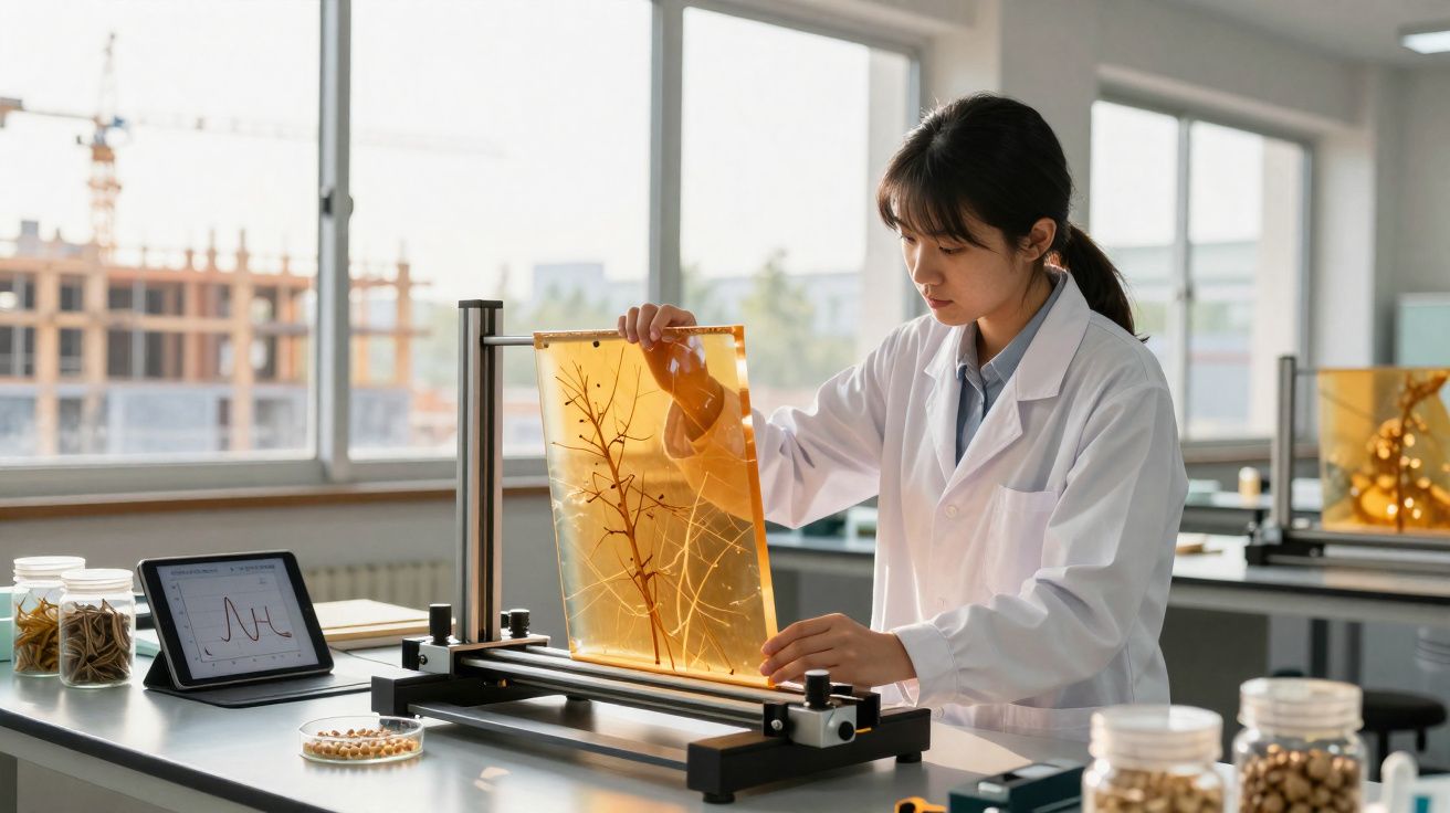 Investigadora em laboratório analisa um filme transparente com raízes de planta para estudo botânico.